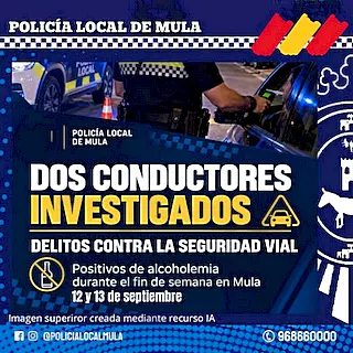 Dos conductores, investigados por delitos contra la Seguridad Vial tras dar positivo en alcoholemia en Mula